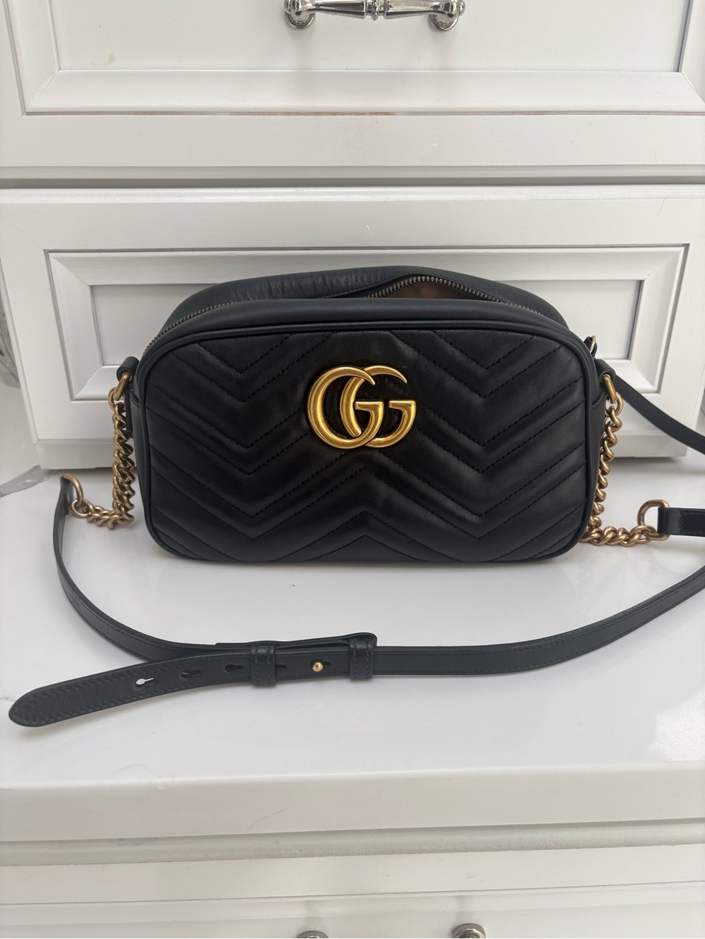 Authentic Gucci Black GG Marmont Leather Crossbody Bag with Gold Hardware